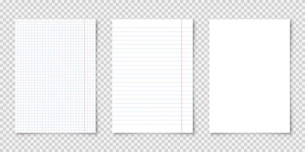 Realistic blank lined paper sheets in A4 format on transparent background. Notebook page, document. Design template or mockup. Vector illustration. — Stock Vector
