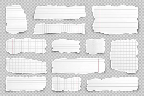 Ripped paper strips on transparent background. Realistic crumpled paper scraps with torn edges. Lined shreds of notebook pages. Vector illustration. — Stock Vector