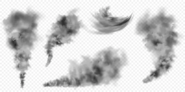 Nubes de humo negro realistas. Corriente de humo de objetos en llamas. Efecto niebla transparente. Elemento de diseño vectorial. — Archivo Imágenes Vectoriales
