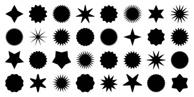 Retro yıldızlar, güneş patlaması sembolleri. Klasik güneş ışığı simgeleri. Siyah alışveriş etiketleri, indirim etiketleri, kalite notları. Özel fiyat etiketi, terfi rozeti. Vektör illüstrasyonu.