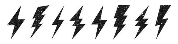 Lightning bolt icons with grunge texture isolated on white background. Vintage flash symbol, thunderbolt. Simple lightning strike sign. Vector illustration. — Stock Vector