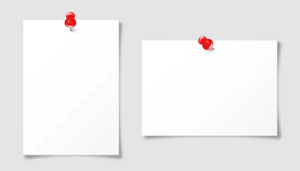 Hoja de papel en blanco realista en formato A4 con pin de empuje rojo. Página del cuaderno, documento. Plantilla de diseño o maqueta. Ilustración vectorial. — Vector de stock