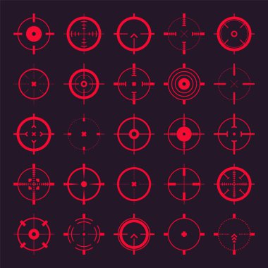 Crosshair, gun sight vector icons. Bullseye, red target or aim symbol. Military rifle scope, shooting mark sign. Targeting, aiming for a shot. Archery, hunting and sports shooting. Game UI element. clipart
