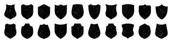 様々なヴィンテージシールドアイコンのセット。黒の紋章の盾とグランジの質感。保護とセキュリティのシンボル、ラベル。ベクターイラスト. — ストックベクタ