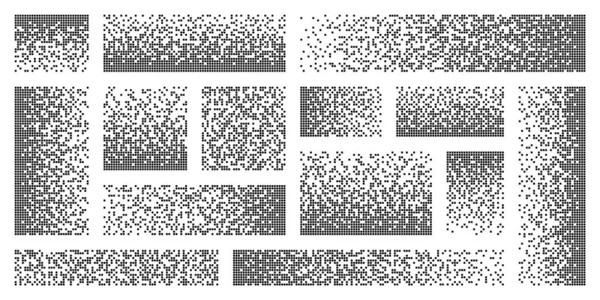 Piksel ayrışması, bozulma etkisi. Kare şekillerden oluşan çeşitli dikdörtgen elementler. Dağılmış noktalı desen. Basit parçacıkların mozaik dokusu. Vektör illüstrasyonu. — Stok Vektör