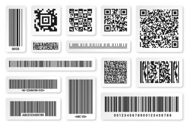 Bir dizi ürün barkodları ve QR kodları. Kimlik takip kodu. Seri numarası, dijital bilgili ürün kimliği. Market ya da süpermarket tarama etiketleri, fiyat etiketleri. Vektör illüstrasyonu.