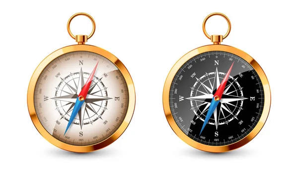 Realistic golden vintage compass with marine wind rose and cardinal directions of North, East, South, West. Shiny metal navigational compass. Cartography and navigation. Vector illustration. — Stock Vector