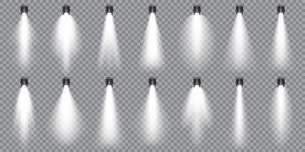 Illuminated studio spotlights collection. Bright light beam. Transparent realistic effect. Stage lighting. Glowing light rays. Vector illustration. — Stock Vector