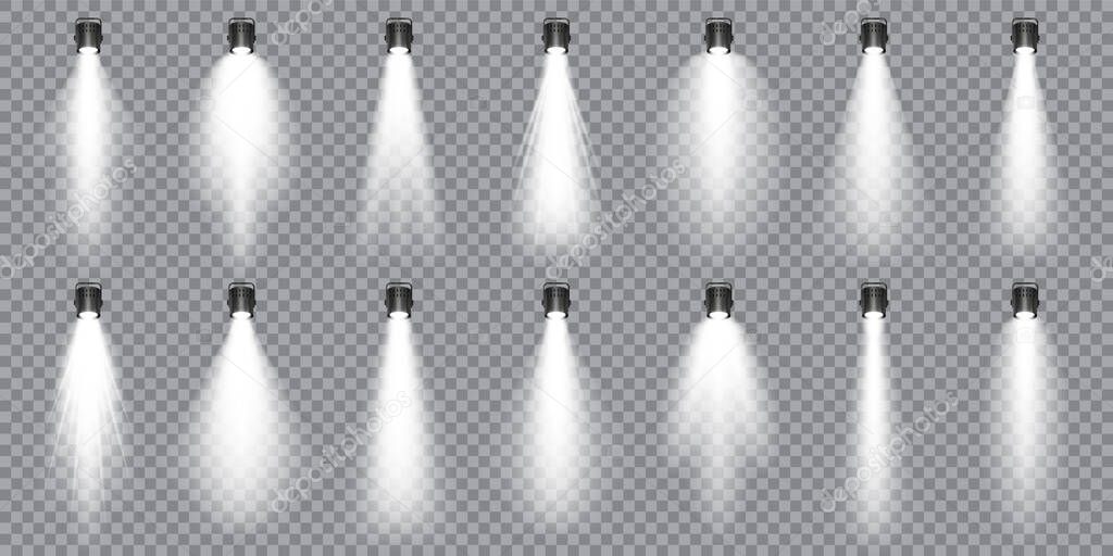 Illuminated studio spotlights collection. Bright light beam. Transparent realistic effect. Stage lighting. Glowing light rays. Vector illustration.