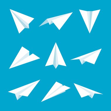 Gerçekçi el yapımı kağıt uçak koleksiyonu. Origami uçağı düz stil. Vektör illüstrasyonu.