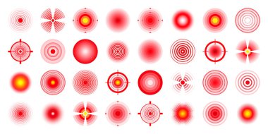 Ağrı yerelleştirme izleri. Ağrılı bölge, ağrılı nokta. Kırmızı daireler, hedefler. Baş ağrısı, çürük vücut parçaları. Sırt, boyun, kas ağrısı sembolü. Sağlık hizmeti reklamı, tıbbi bilgiler. Vektör illüstrasyonu.