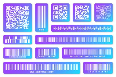 Modern renkli ürün barkodları ve QR kodları. Kimlik takip kodu. Seri numarası, dijital bilgili ürün kimliği. Market ya da süpermarket tarama etiketleri, fiyat etiketleri. Vektör illüstrasyonu.