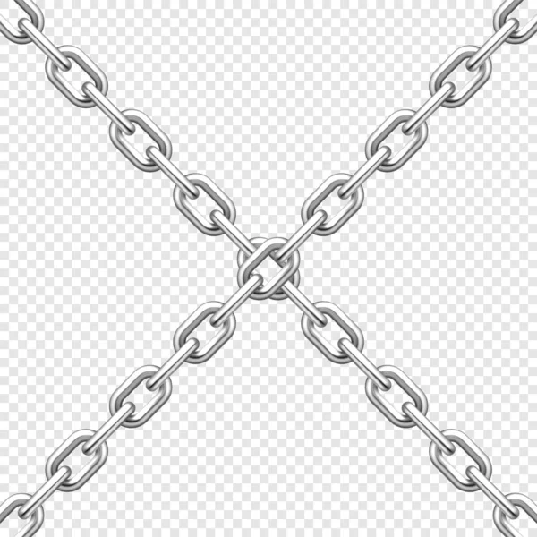 Realistic crossing metal chains with silver links on transparent background. Vector illustration. — Stock Vector