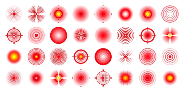 Schmerzortungsmarken. Schmerzhafte Stelle, schmerzende Stelle. Rote Kreise, Ziele. Kopfschmerzen, Blutergüsse am Körper. Rücken, Nacken, Muskelschmerzen. Gesundheitsanzeige, medizinische Informationen. Vektorillustration. — Stockvektor