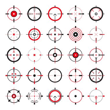 Crosshair, silah görüş vektör simgeleri. Tam isabet, siyah hedef ya da nişan sembolü. Askeri tüfek dürbünü, işaret fişeği. Nişan alıyorum, nişan alıyorum. Okçuluk, avcılık ve spor atıcılığı. Oyun UI ögesi.