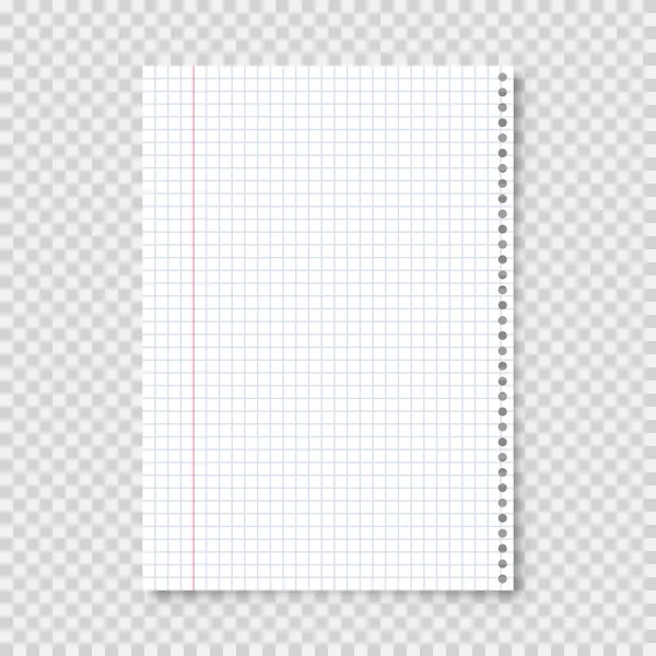 Folha de papel forrada em branco realista em formato A4 em fundo transparente. Notebook page, documento. Modelo de design ou maquete. Ilustração vetorial. — Vetor de Stock