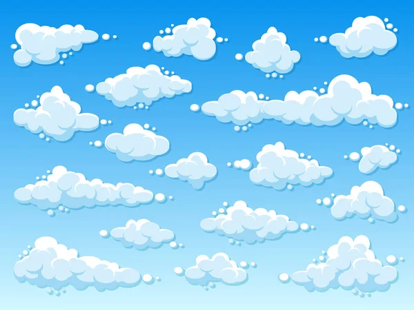 Várias nuvens redondas com sombra sobre fundo gradiente azul. Panorama do céu. Nuvem de desenhos animados simples. Design plano. Ilustração vetorial. —  Vetores de Stock