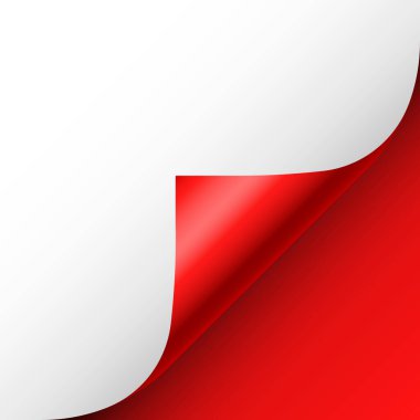 Kırmızı kağıt kıvrılır. Gölgeli kıvrımlı sayfa köşesi. Boş bir kağıt parçası. Renkli parlak folyo. Reklam ve tanıtım için tasarım elemanı. Vektör illüstrasyonu.