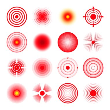 Ağrı yerelleştirme izleri. Ağrılı bölge, ağrılı nokta. Kırmızı daireler, hedefler. Baş ağrısı, çürük vücut parçaları. Sırt, boyun, kas ağrısı sembolü. Sağlık hizmeti reklamı, tıbbi bilgiler. Vektör illüstrasyonu.