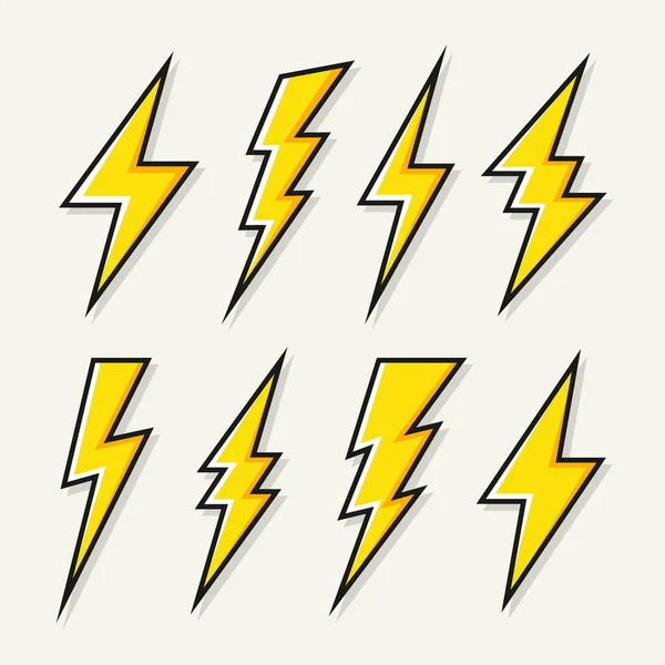 黄色い稲妻のアイコンコレクション。フラッシュシンボル、雷。簡単な落雷標識。ベクターイラスト. — ストックベクタ