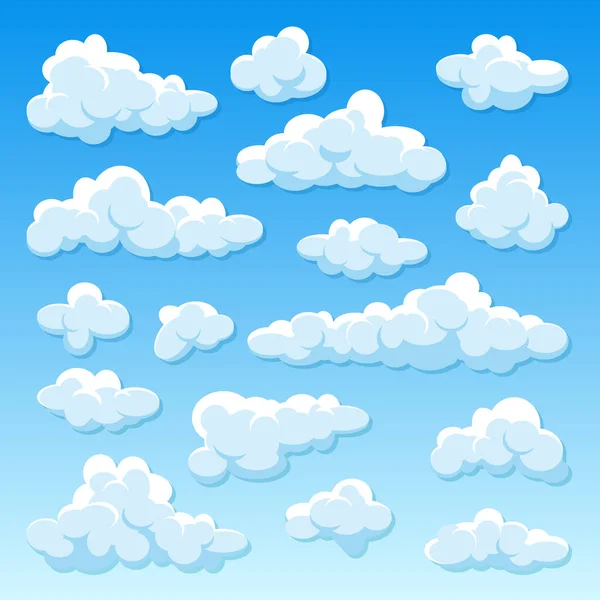 Varias nubes redondas con sombra sobre fondo azul degradado. Panorama cielo de verano. Nube de dibujos animados simple. Diseño plano. Ilustración vectorial. — Archivo Imágenes Vectoriales