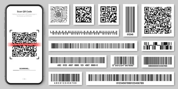 Productbarcodes en QR-codes. Smartphone applicatie, scanner app. Identificatiecode. Serienummer, product-ID met digitale informatie. Winkel, supermarkt scan labels, vector prijskaartje. — Stockvector