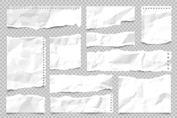 Tiras de papel rasgadas aisladas sobre fondo transparente. Desechos de papel arrugados realistas con bordes rotos. Notas pegajosas, fragmentos de páginas de cuadernos. Ilustración vectorial. — Vector de stock