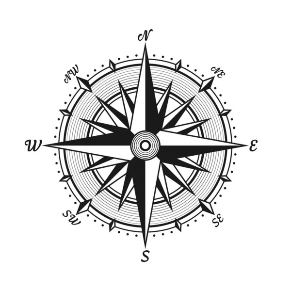 Vintage morska róża wiatrów, karta żeglarska. Monochromatyczny kompas nawigacyjny z kardynalnymi kierunkami północy, wschodu, południa, zachodu. Położenie geograficzne, kartografia i nawigacja. Ilustracja wektora. — Wektor stockowy