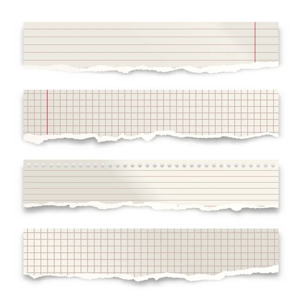 Bandes de papier déchiré isolées sur fond blanc. Des restes de papier froissés réalistes avec des bords déchirés. Morceaux doublés de pages de cahier. Illustration vectorielle. — Image vectorielle