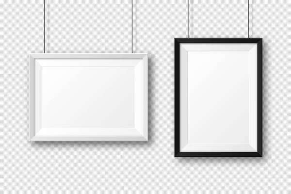 Ρεαλιστικά ασπρόμαυρα πλαίσια εικόνων με σκιά σε καρό φόντο. Κρεμόταν σε μια λευκή αφίσα. Κενό πλαίσιο φωτογραφιών. Εικονογράφηση διανύσματος. — Διανυσματικό Αρχείο