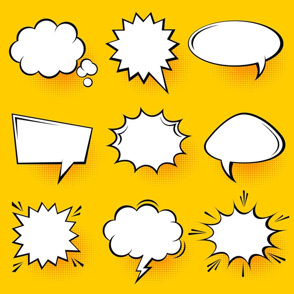 Blank comic speech bubbles with halftone shadows on yellow background. Hand drawn retro cartoon stickers. Pop art style. Vector illustration. — Stock Vector