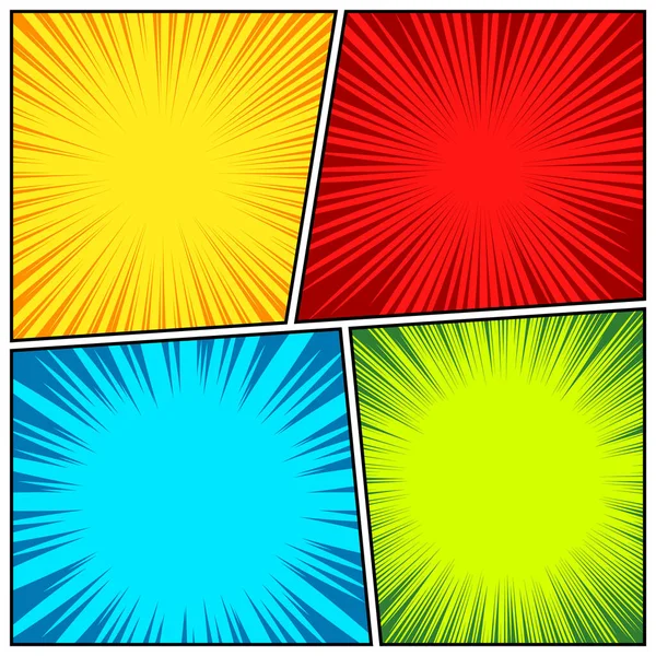 Comic book colorful radial lines collection. Cartoon comics background with motion, speed lines. Retro Pop Art style. Vector illustration. — Stock Vector