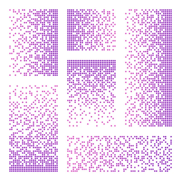 Auflösung der Pixel, Zerfallseffekt. Verschiedene rechteckige Elemente aus bunten runden Formen. Verstreutes Punktemuster. Mosaische Textur mit einfachen Partikeln. Vektorillustration. — Stockvektor