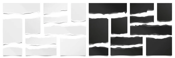 Tiras de papel rasgadas. Desechos realistas de papel blanco y negro con bordes rotos. Notas pegajosas, fragmentos de páginas de cuadernos. Ilustración vectorial. — Vector de stock