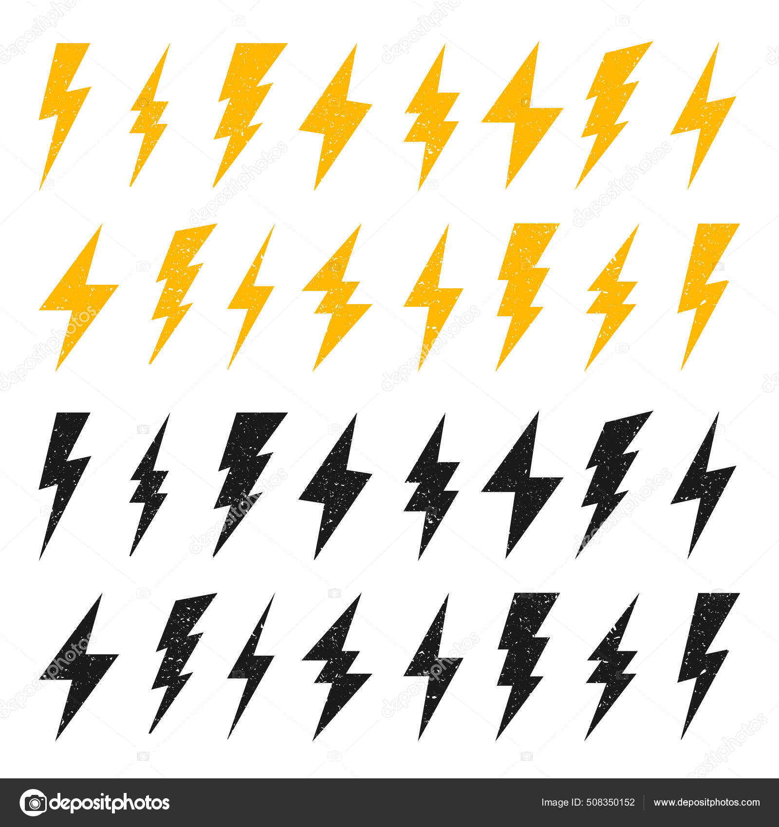 黄色和黑色闪电图标,纹理粗糙,背景白色孤立.古老的闪光符号，闪电。简单的闪电信号。矢量说明. 图库矢量图©floral_set 508350152