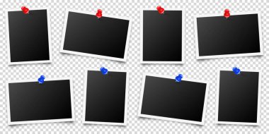 Gerçekçi boş fotoğraf kartı çerçevesi, film seti. Kırmızı ve mavi raptiyeli eski model fotoğraf. Dijital enstantane görüntüsü. Tasarım için şablon ya da maket. Vektör illüstrasyonu.