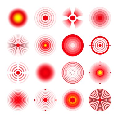 Ağrı yerelleştirme izleri. Ağrılı bölge, ağrılı nokta. Kırmızı daireler, hedefler. Baş ağrısı, çürük vücut parçaları. Sırt, boyun, kas ağrısı sembolü. Sağlık hizmeti reklamı, tıbbi bilgiler. Vektör illüstrasyonu.