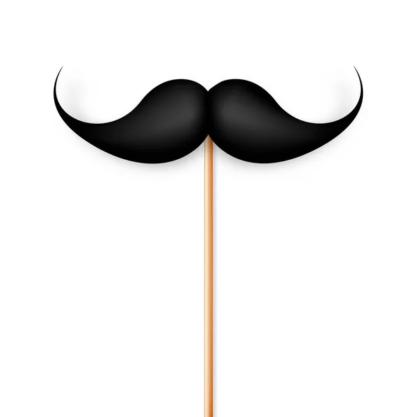 Realistic black mustache on a wooden stick. Fake paper mustache isolated on white background. Fashionable facial hair. Vintage design element. Creative vector illustration. — Stock Vector
