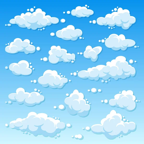 Varias nubes redondas con sombra sobre fondo azul degradado. Panorama cielo de verano. Nube de dibujos animados simple. Diseño plano. Ilustración vectorial. — Archivo Imágenes Vectoriales