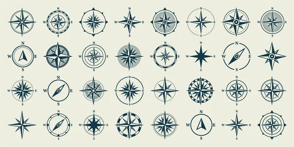 Vintage Marine Wind Rose, carta náutica. Brújula de navegación monocromática con direcciones cardinales del norte, este, sur, oeste. Posición geográfica, cartografía y navegación. Ilustración vectorial. — Vector de stock