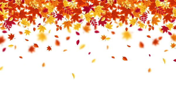 Hojas de otoño cayendo. Fondo natural con follaje rojo, naranja, amarillo. Hoja voladora. Venta de temporada. Ilustración vectorial. — Archivo Imágenes Vectoriales