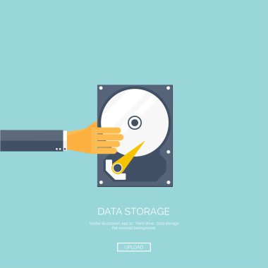 Vektör çizim. Düz arka plan el ve sabit disk ile. Bilgi aktarımı. Web depolama kavramı arka plan. Bulut bilgisayar.