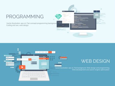 Vektör çizim. Düz bilgi işlem arka plan. Programlama, kodlama. Web geliştirme ve arama. SEO. Yenilik, teknoloji. Mobil uygulama geliştirme, en iyi duruma getirme.