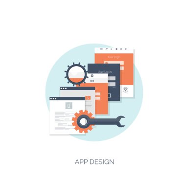 Vektör çizim. Düz bilgi işlem arka plan. Programlama, kodlama. Web geliştirme ve arama. SEO. Yenilik, teknoloji. Mobil uygulama geliştirme, en iyi duruma getirme.