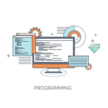 Vektör çizim. Düz bilgi işlem arka plan. Programlama, kodlama. Web geliştirme ve arama. SEO. Yenilik, teknoloji. Mobil uygulama geliştirme, en iyi duruma getirme.