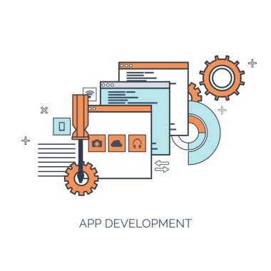 Vektör çizim. Düz bilgi işlem arka plan. Programlama, kodlama. Web geliştirme ve arama. SEO. Yenilik, teknoloji. Mobil uygulama geliştirme, en iyi duruma getirme.