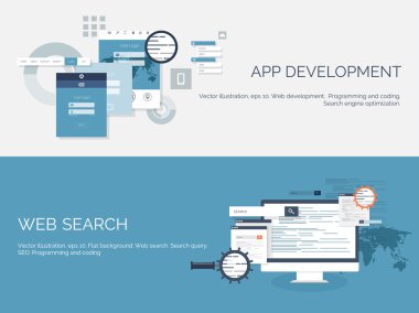 Vektör çizim. Düz bilgi işlem arka plan. Programlama, kodlama. Web geliştirme ve arama. SEO. Yenilik, teknoloji. Mobil uygulama geliştirme, en iyi duruma getirme.