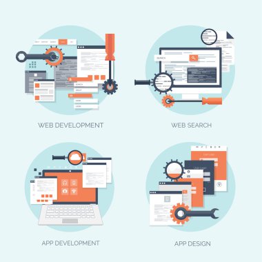 Vektör çizim. Düz bilgi işlem arka plan. Programlama, kodlama. Web geliştirme ve arama. SEO. Yenilik, teknoloji. Mobil uygulama geliştirme, en iyi duruma getirme.