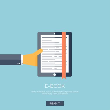 Vektör çizim. Düz arka plan el ve tablet ile. E-kitap.