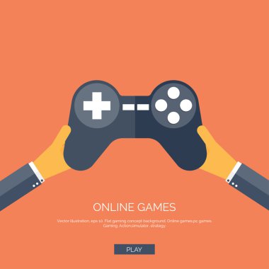 Vektör çizim. Düz arka plan el ve joystick ile. Oyun online.